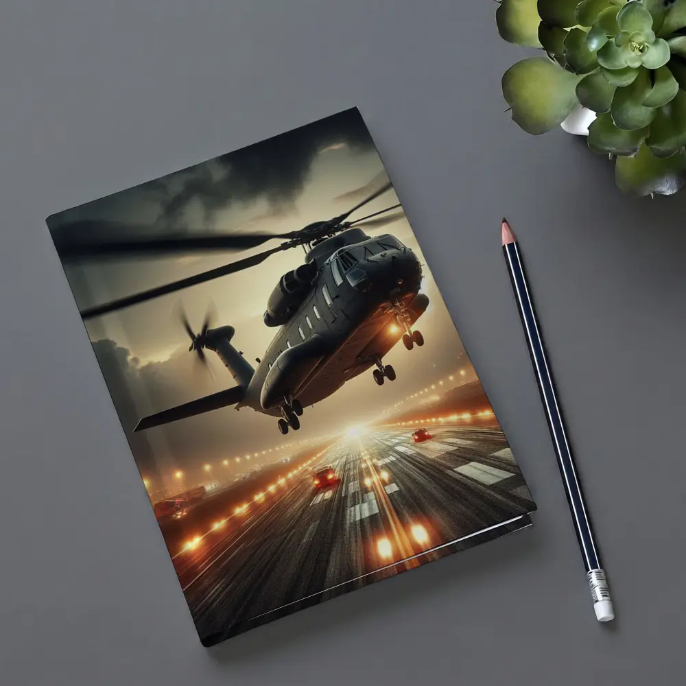 Military Helicopter Low Flight Over Runway – Notebooks