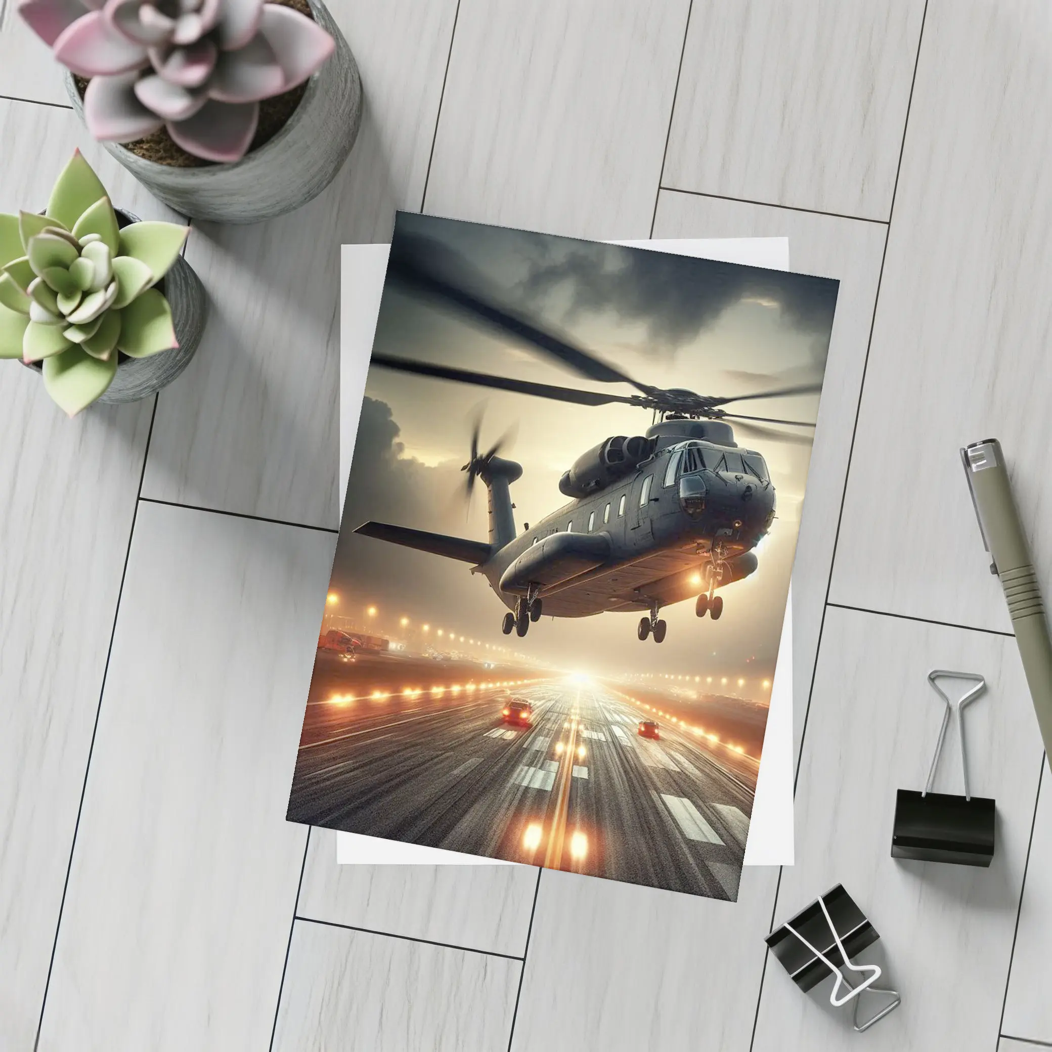 Military Helicopter Low Flight Over Runway – Postcards