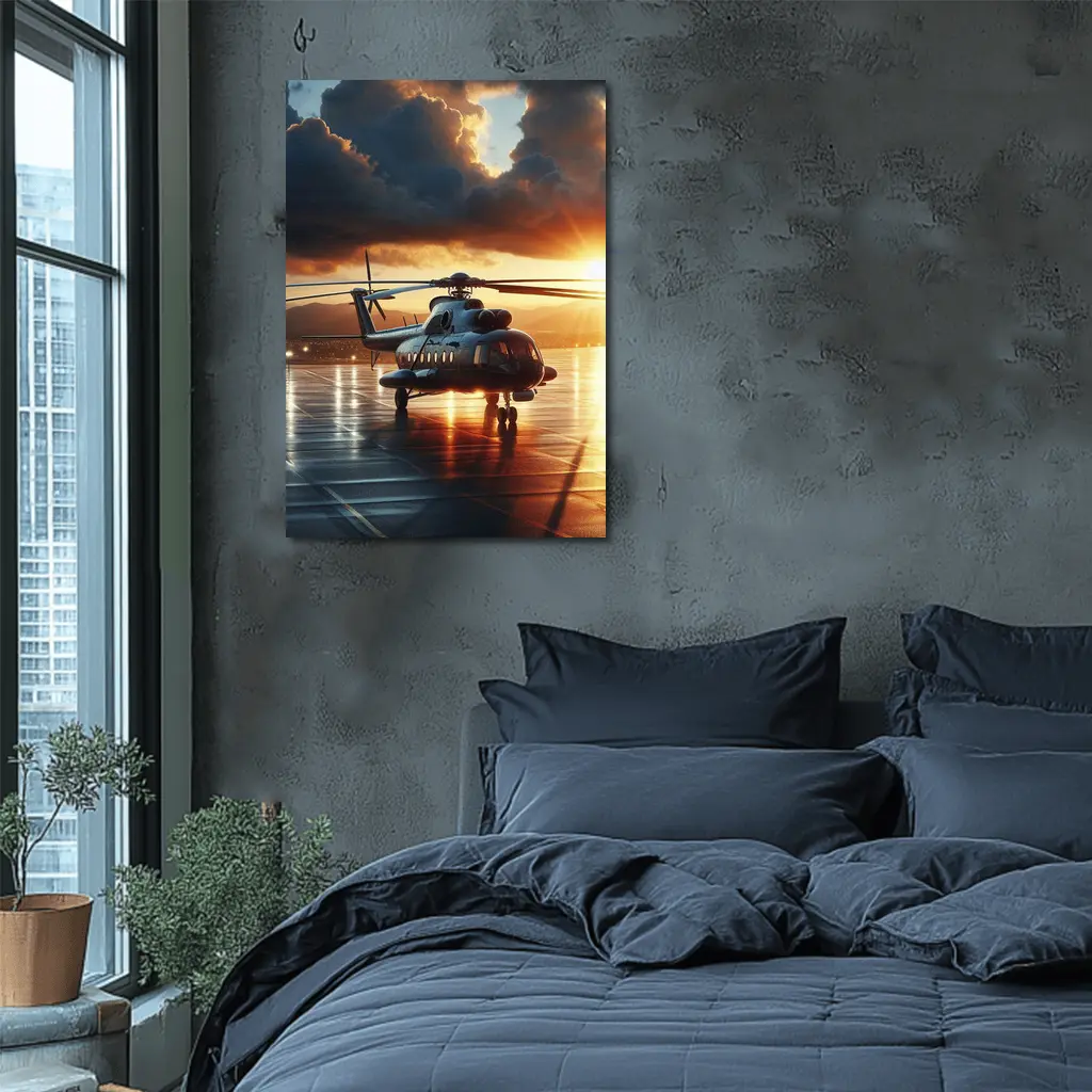 Military Helicopter On Tarmac At Sunset – Wall Art