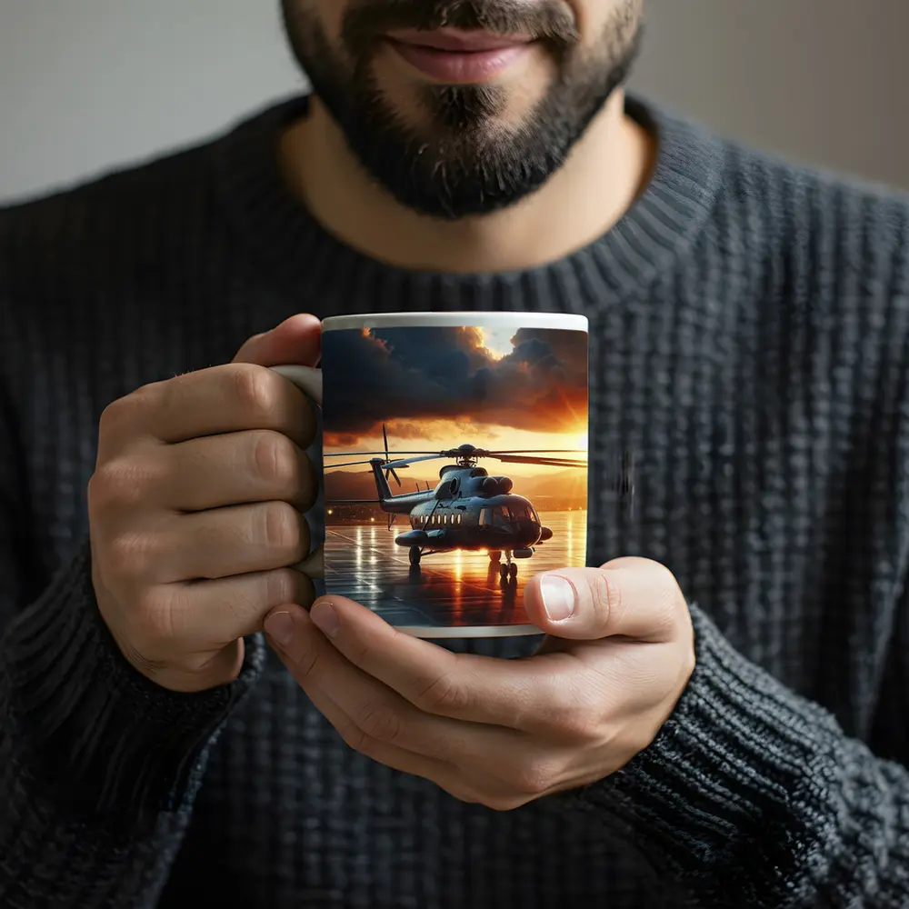 Military Helicopter On Tarmac At Sunset – Mugs