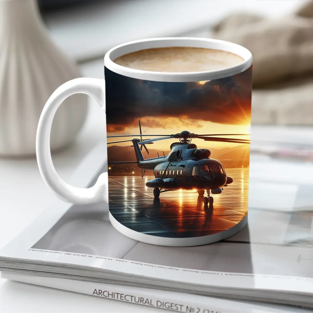 Military Helicopter On Tarmac At Sunset – Mugs