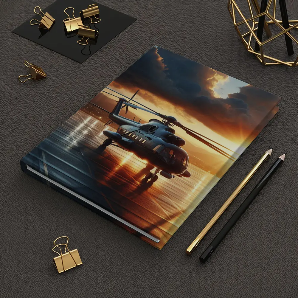 Military Helicopter On Tarmac At Sunset – Notebooks