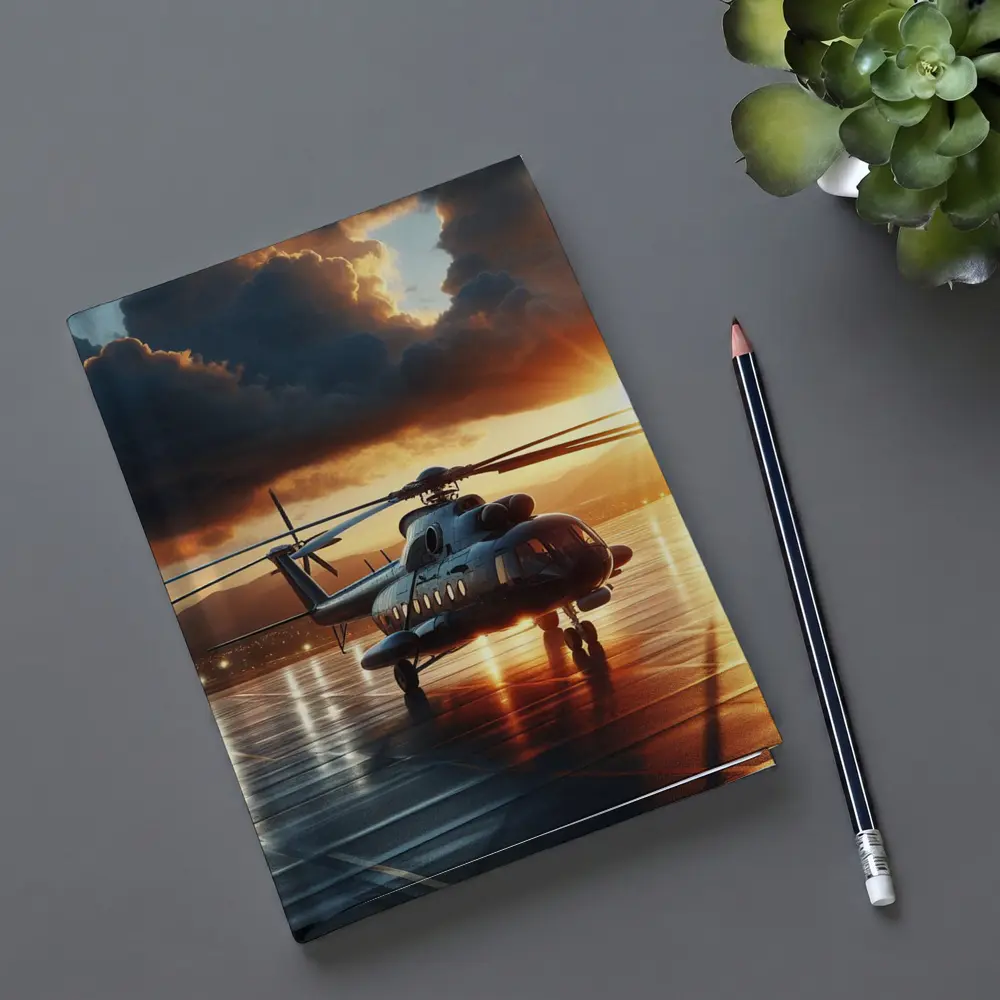 Military Helicopter On Tarmac At Sunset – Notebooks