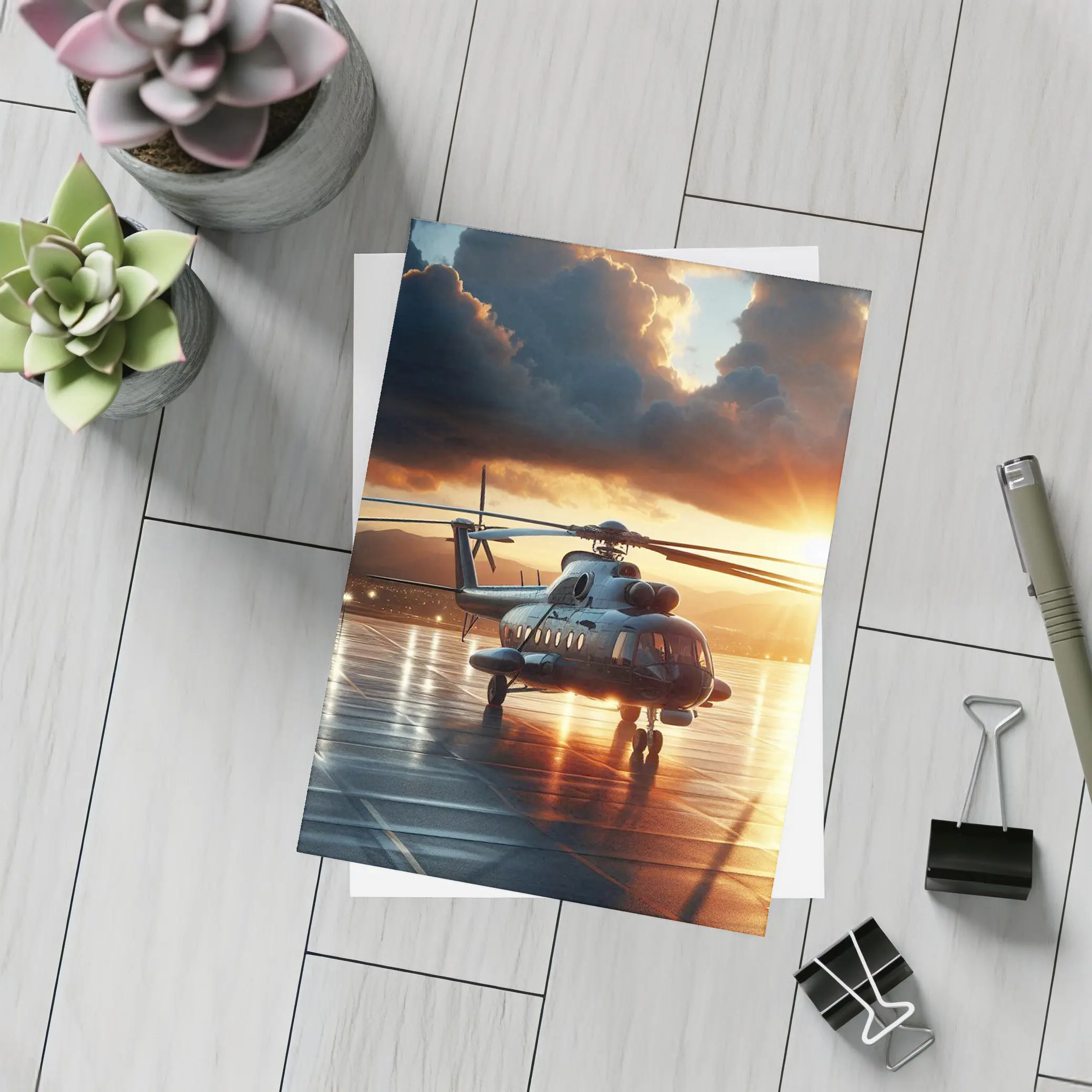 Military Helicopter On Tarmac At Sunset – Postcards