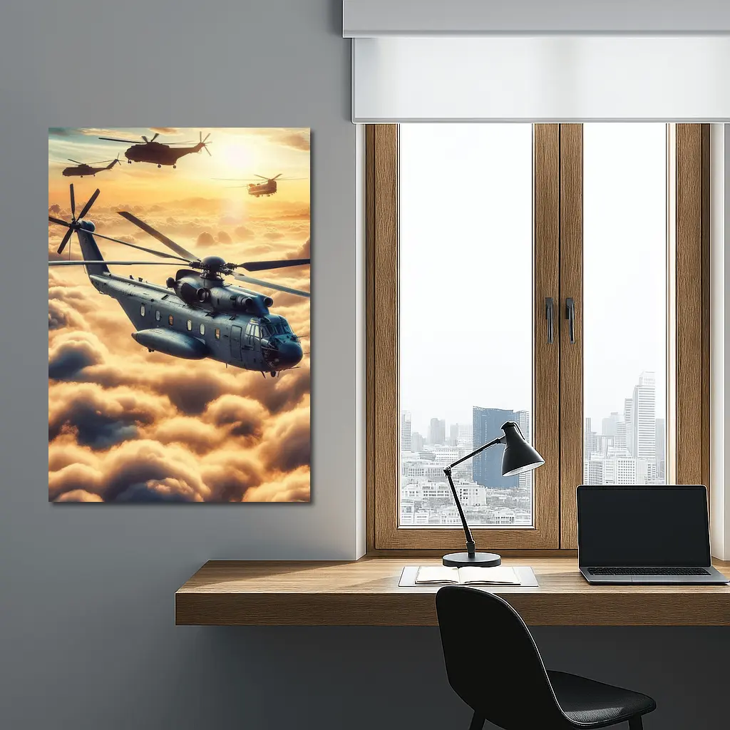 Military Helicopters Flying Above Golden Clouds – Wall Art