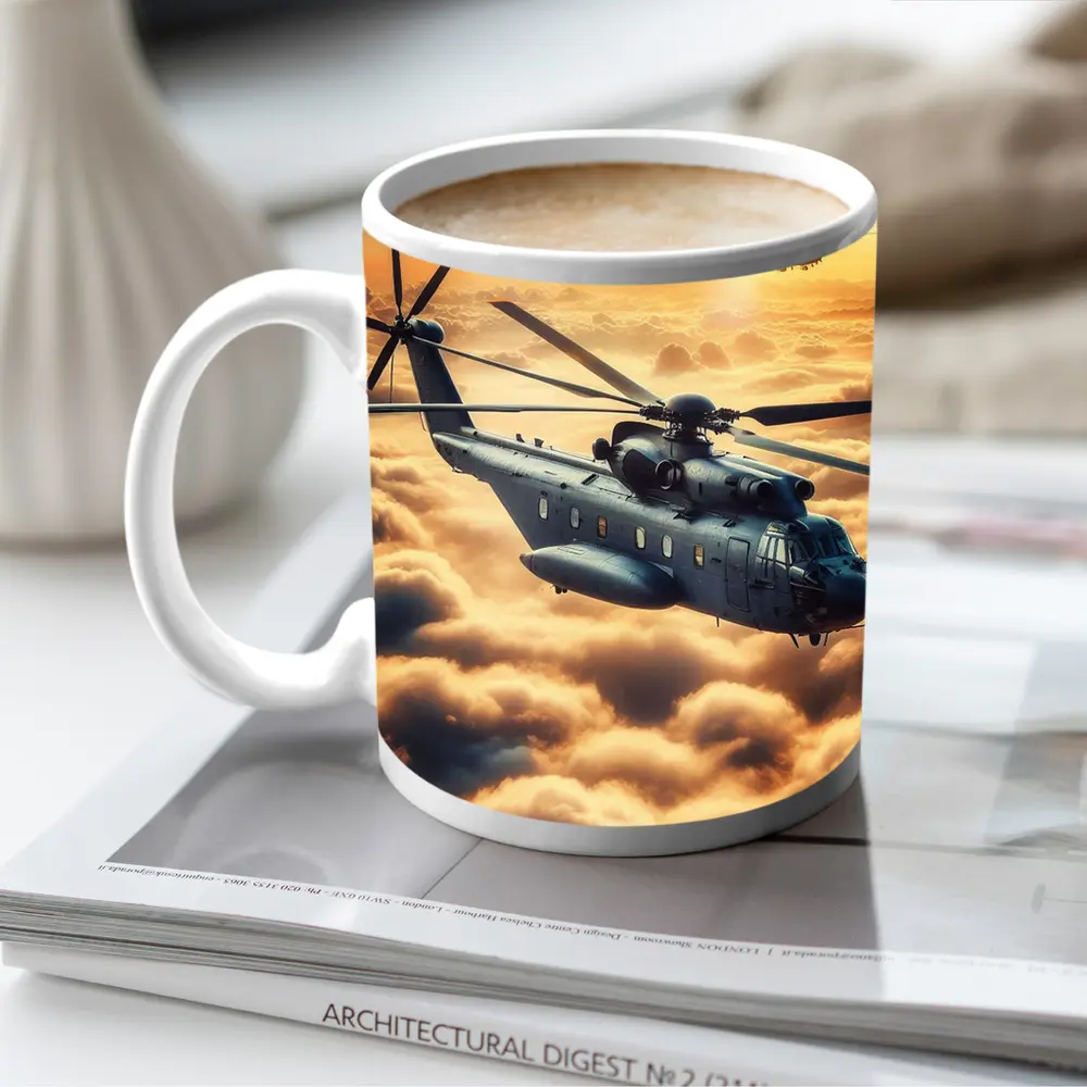 Military Helicopters Flying Above Golden Clouds – Mugs