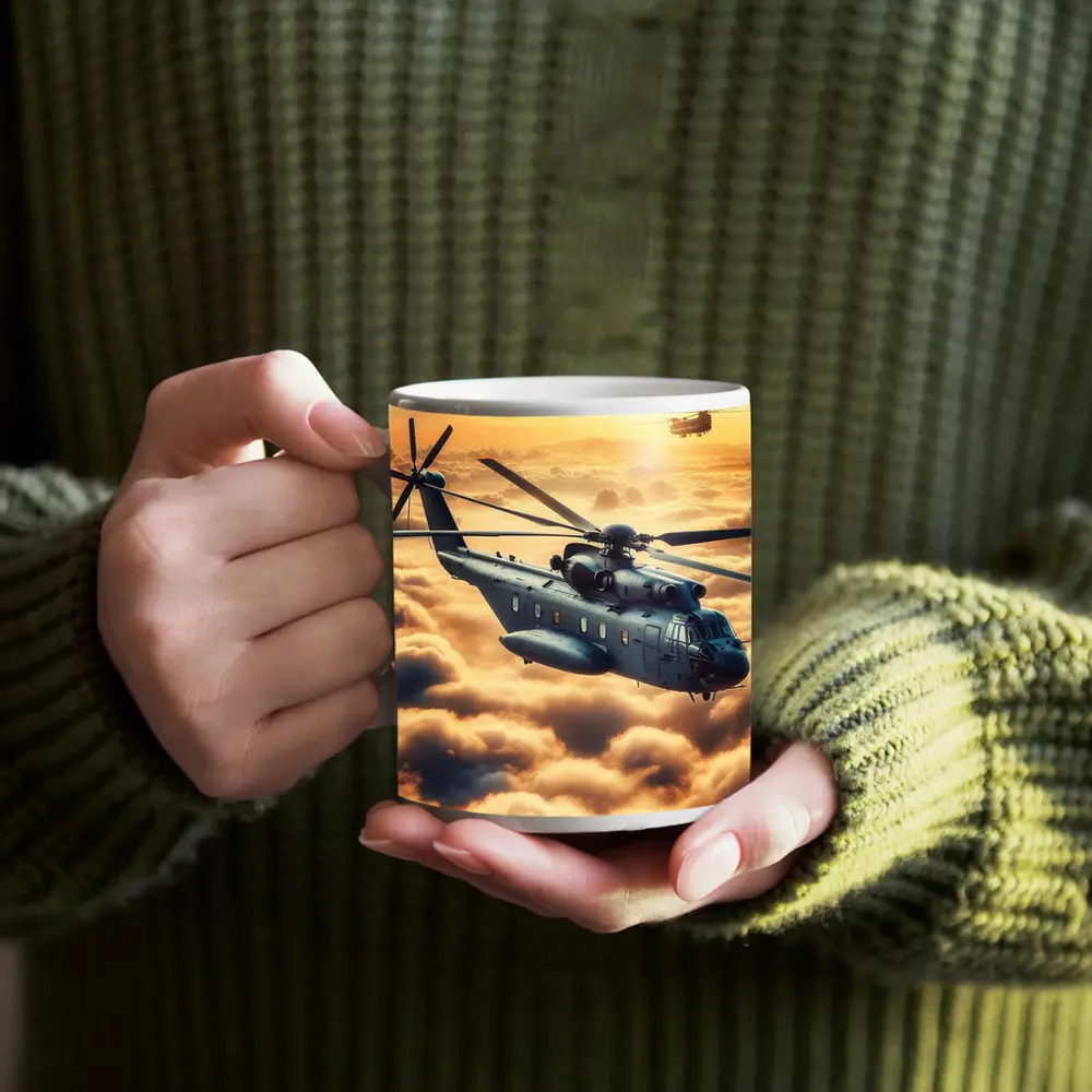 Military Helicopters Flying Above Golden Clouds – Mugs