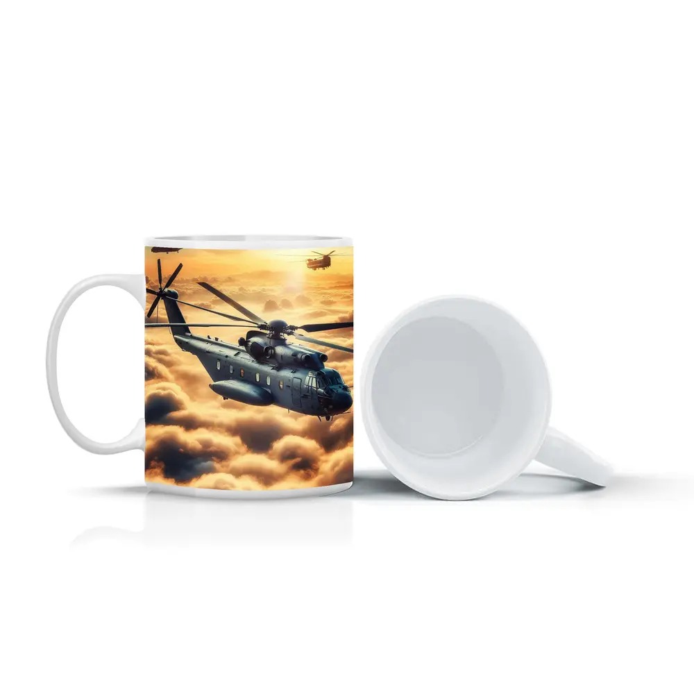 Military Helicopters Flying Above Golden Clouds – Mugs