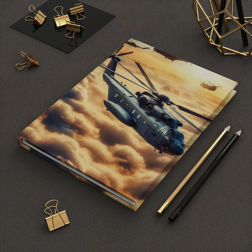 Military Helicopters Flying Above Golden Clouds – Notebooks