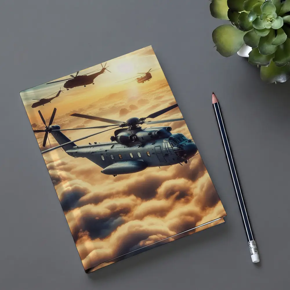 Military Helicopters Flying Above Golden Clouds – Notebooks