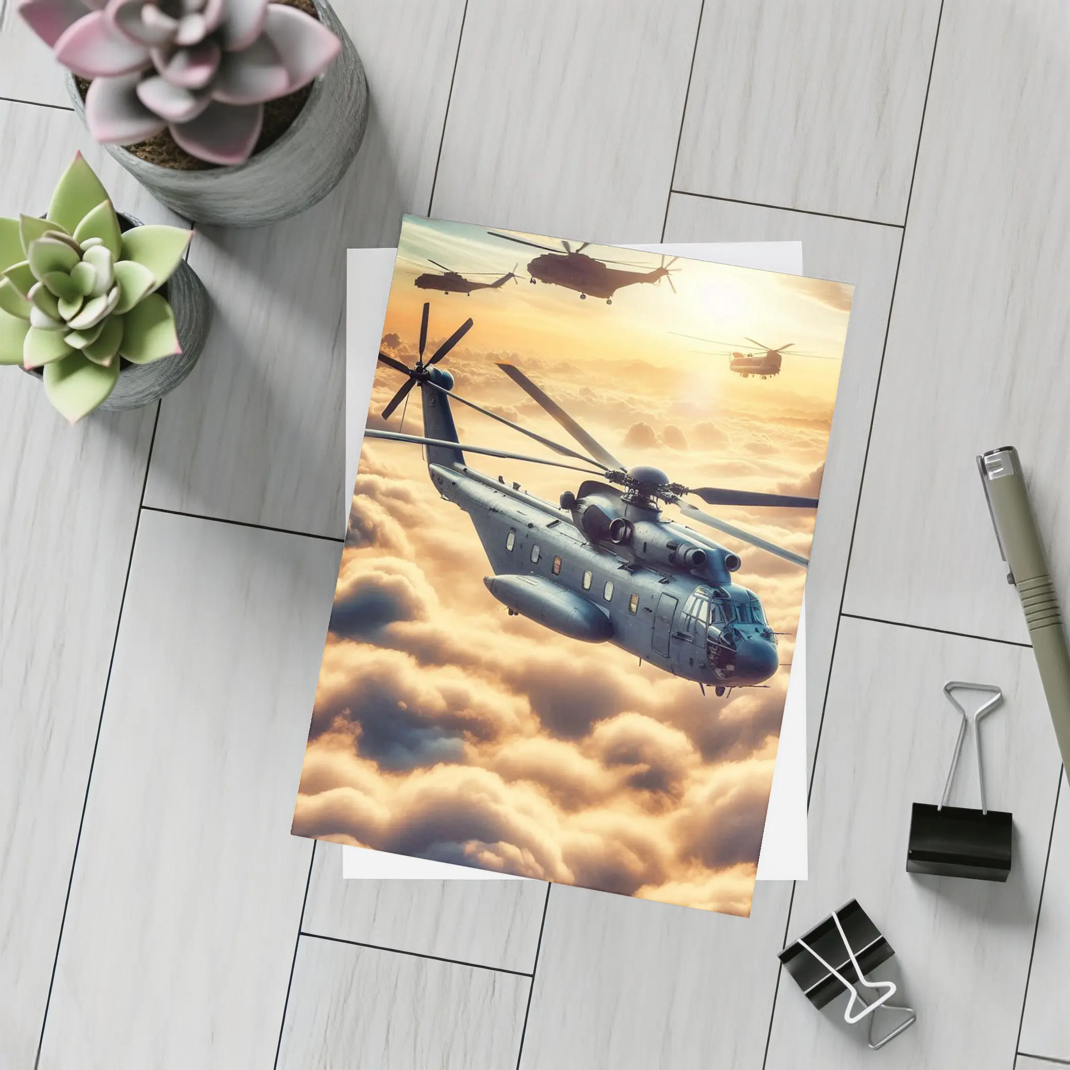 Military Helicopters Flying Above Golden Clouds – Postcards