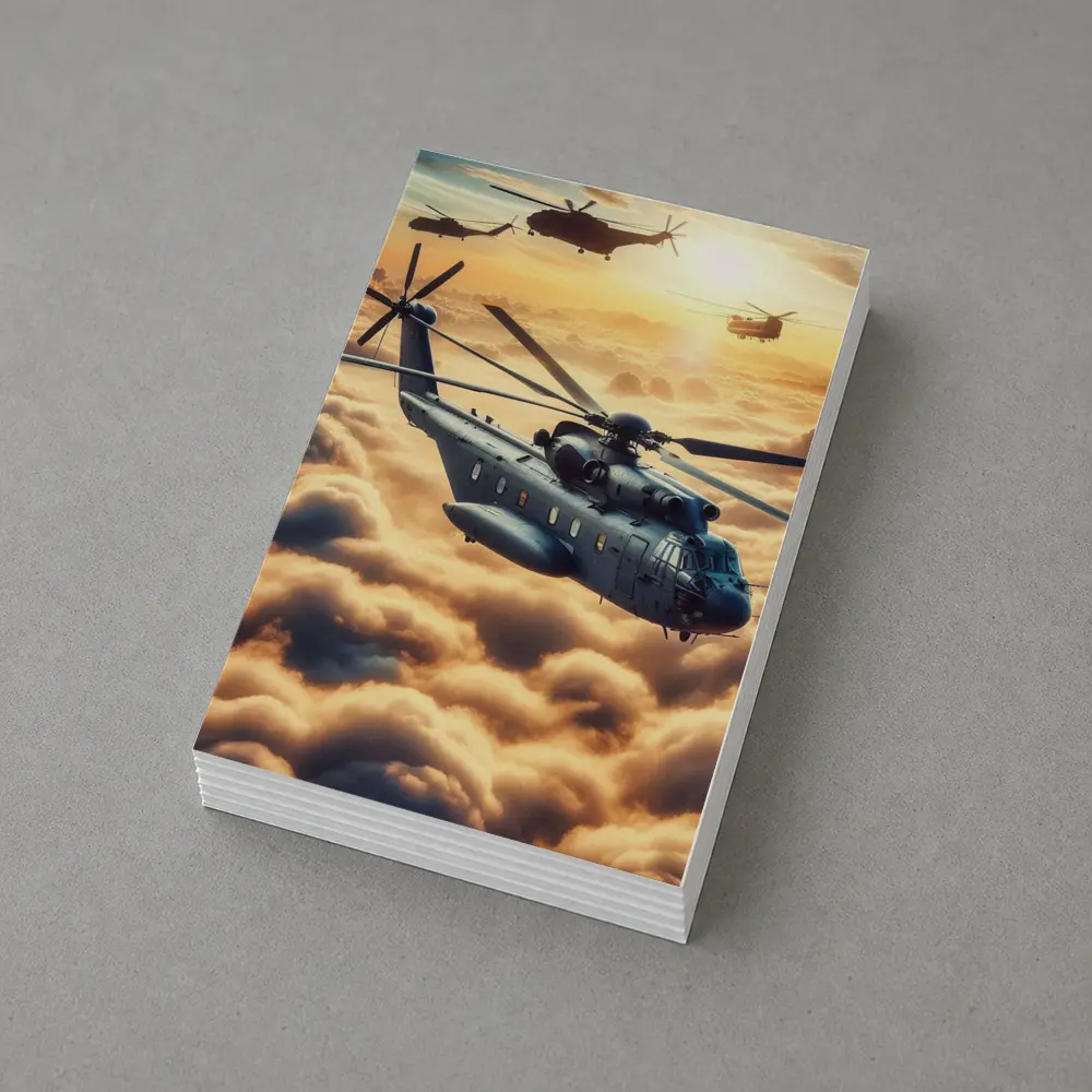 Military Helicopters Flying Above Golden Clouds – Postcards
