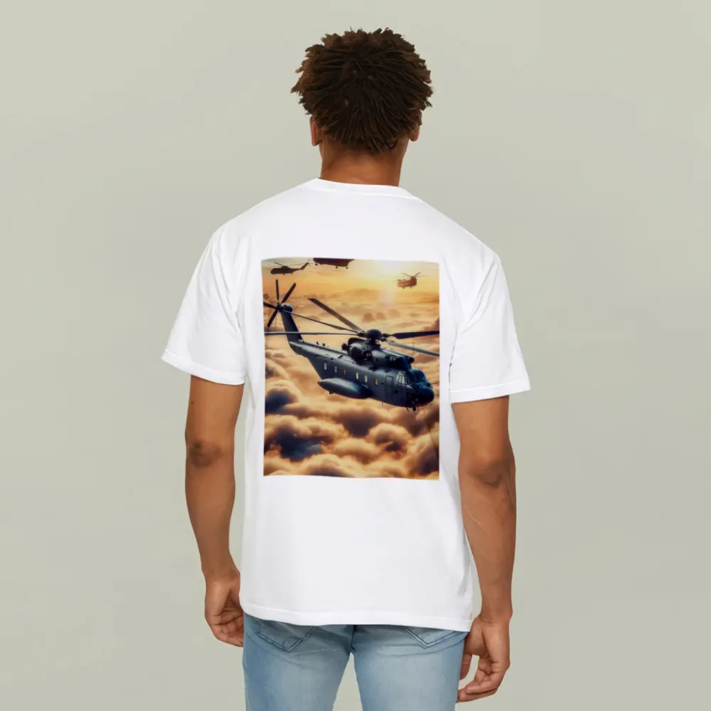 Military Helicopters Flying Above Golden Clouds – T-Shirts