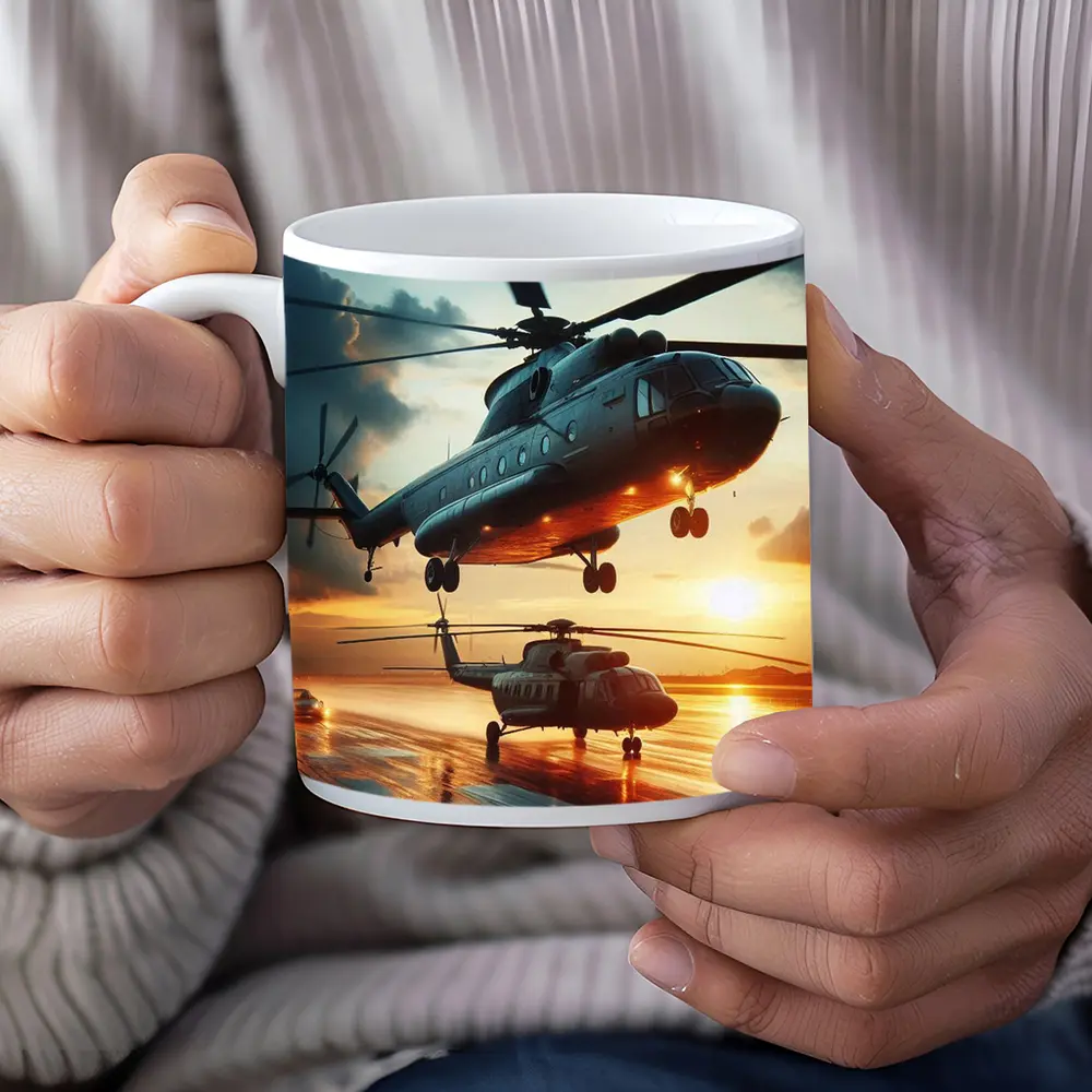 Military Helicopters Taking Off At Sunset – Mugs