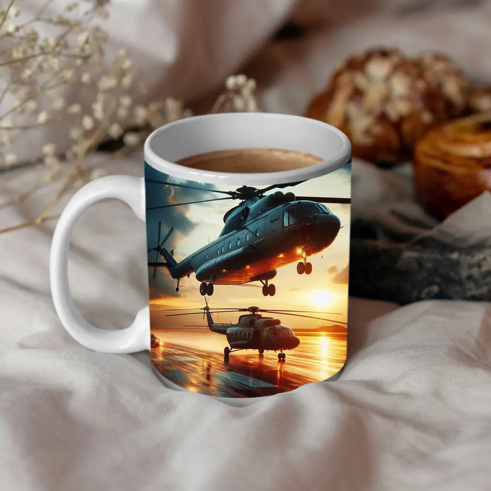 Military Helicopters Taking Off At Sunset – Mugs