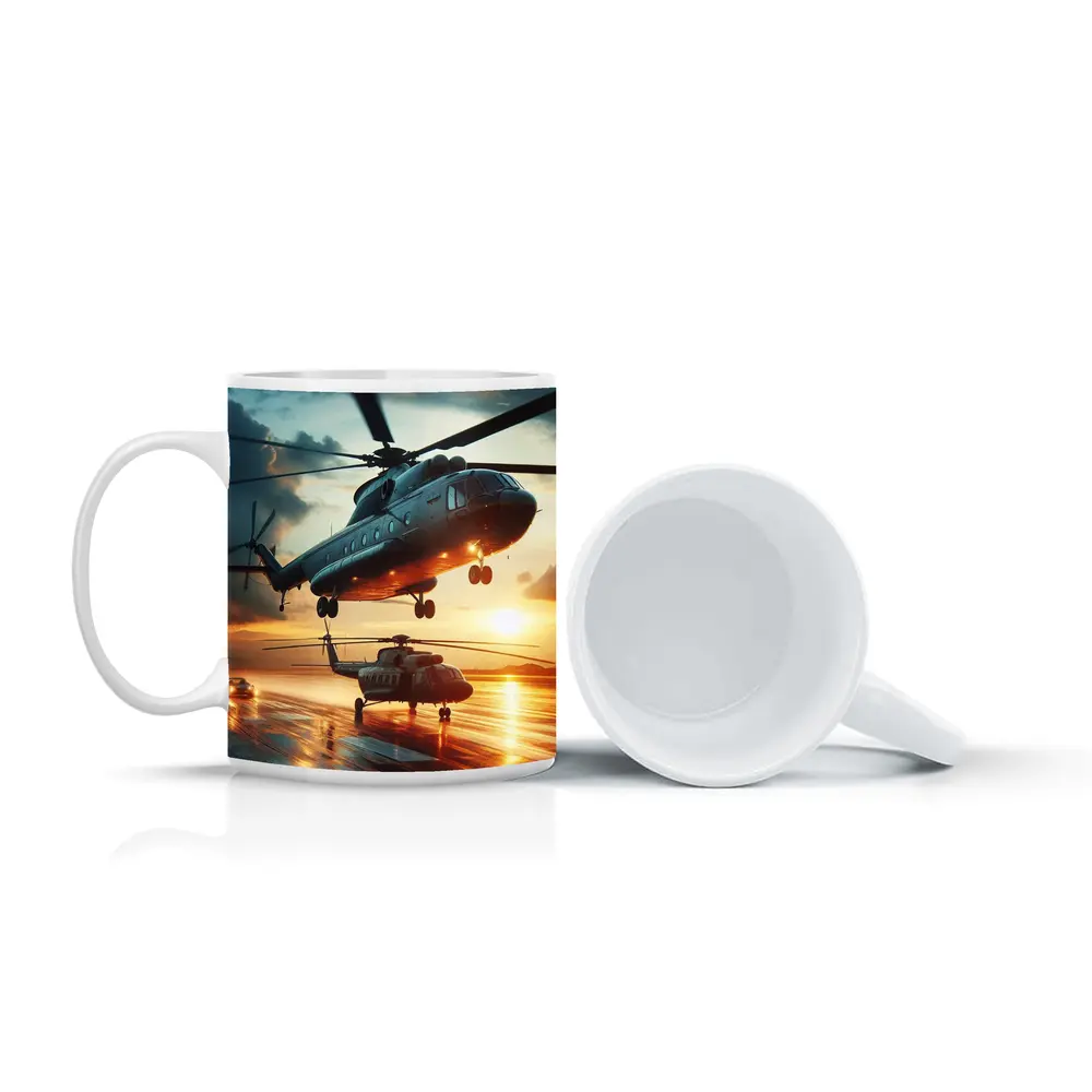 Military Helicopters Taking Off At Sunset – Mugs