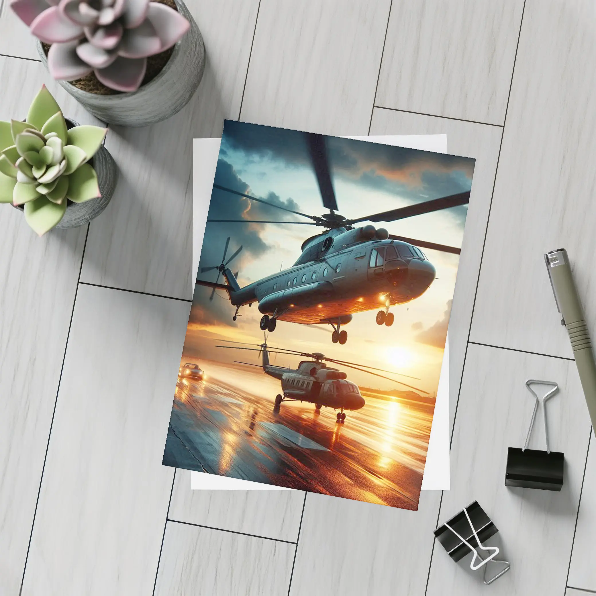 Military Helicopters Taking Off At Sunset – Postcards