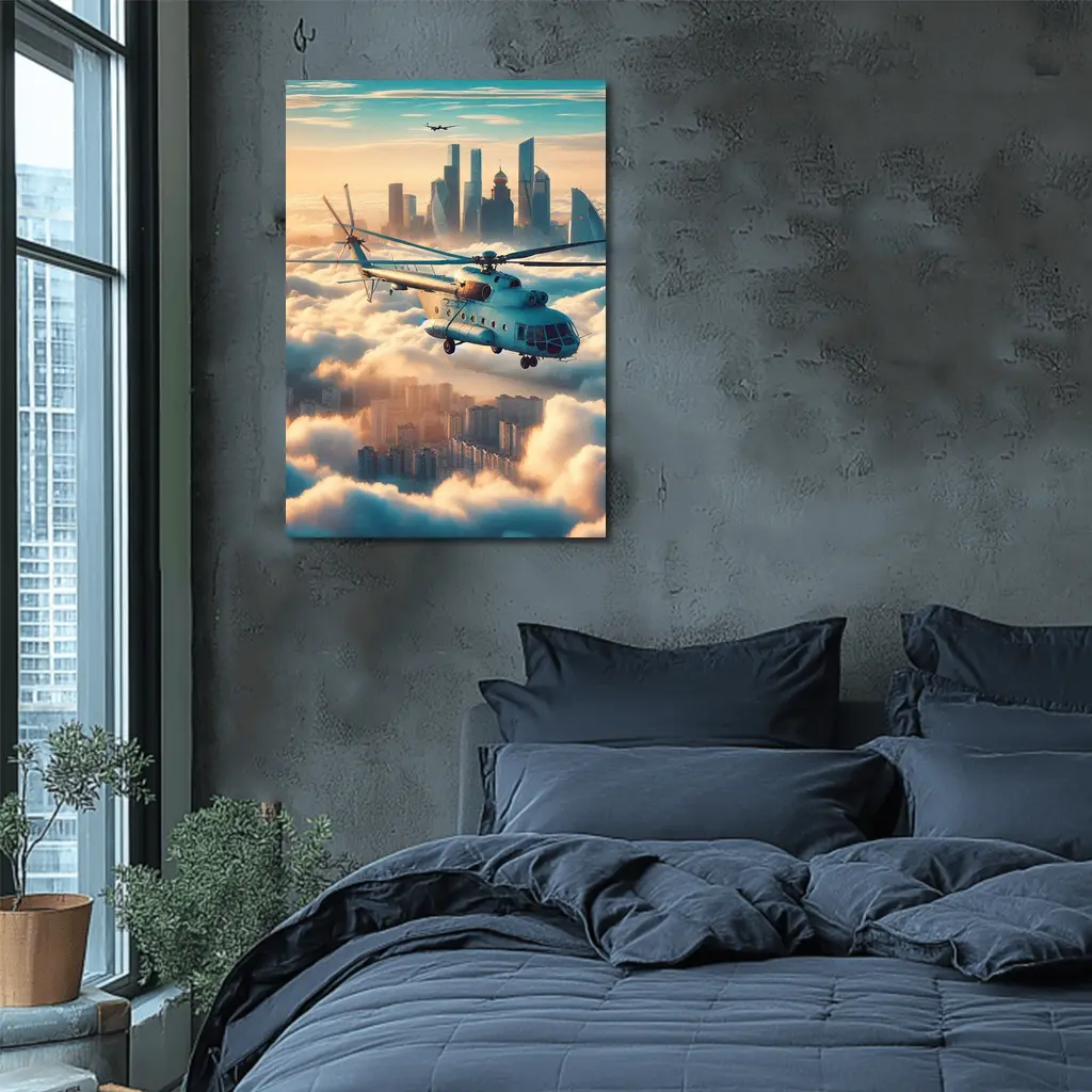 Military Helicopter Flying Above City Clouds – Wall Art
