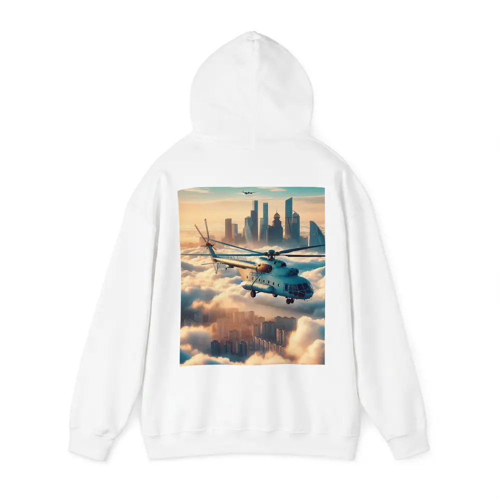 Military Helicopter Flying Above City Clouds – Hoodies