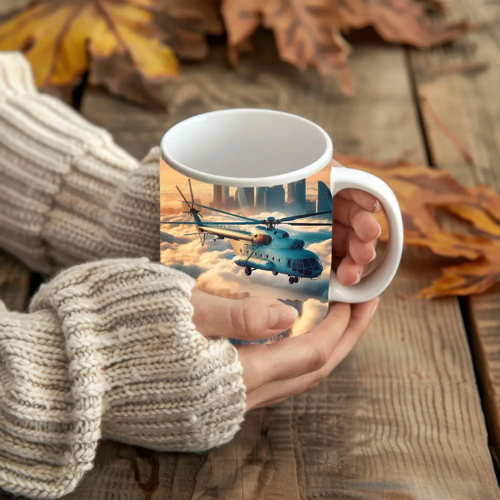 Military Helicopter Flying Above City Clouds – Mugs