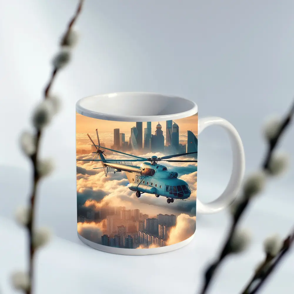 Military Helicopter Flying Above City Clouds – Mugs