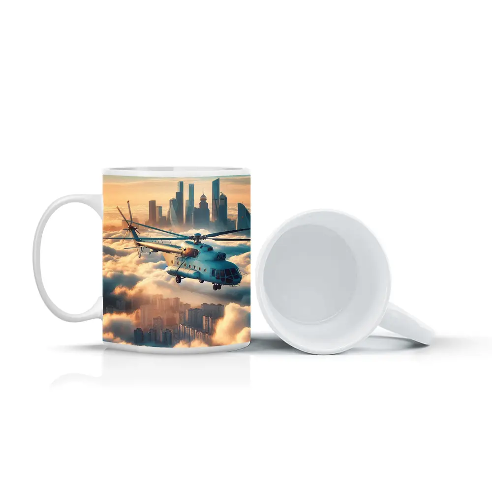 Military Helicopter Flying Above City Clouds – Mugs