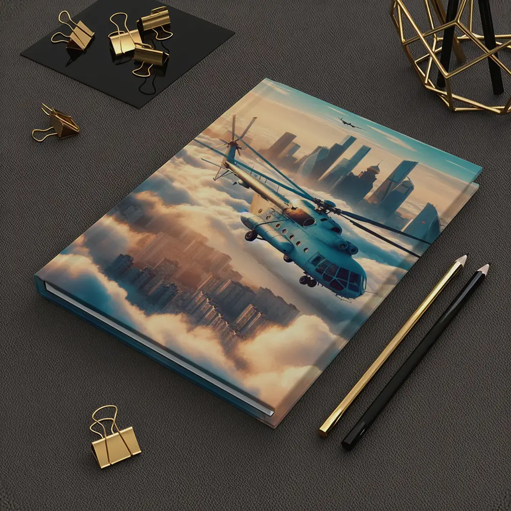 Military Helicopter Flying Above City Clouds – Notebooks