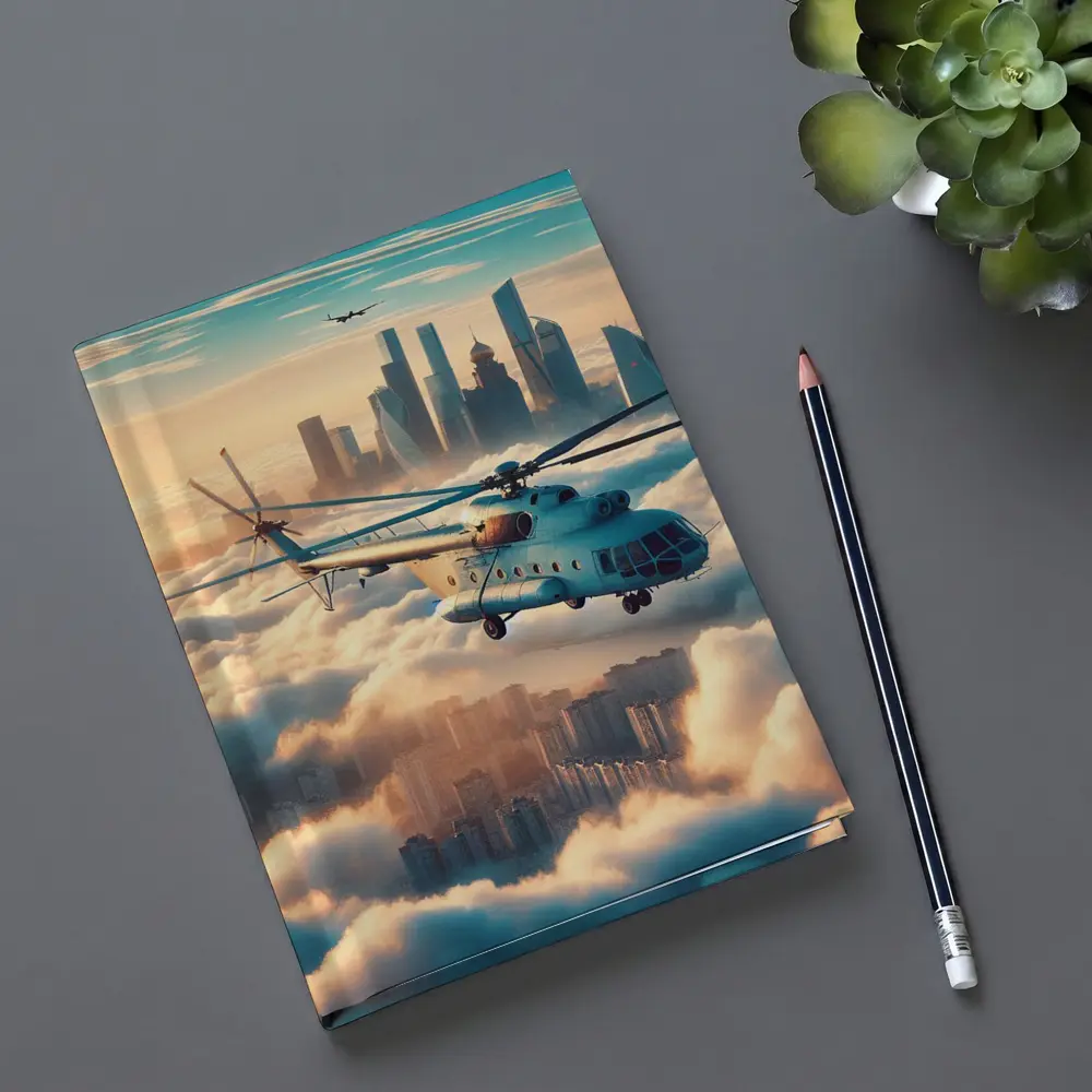 Military Helicopter Flying Above City Clouds – Notebooks
