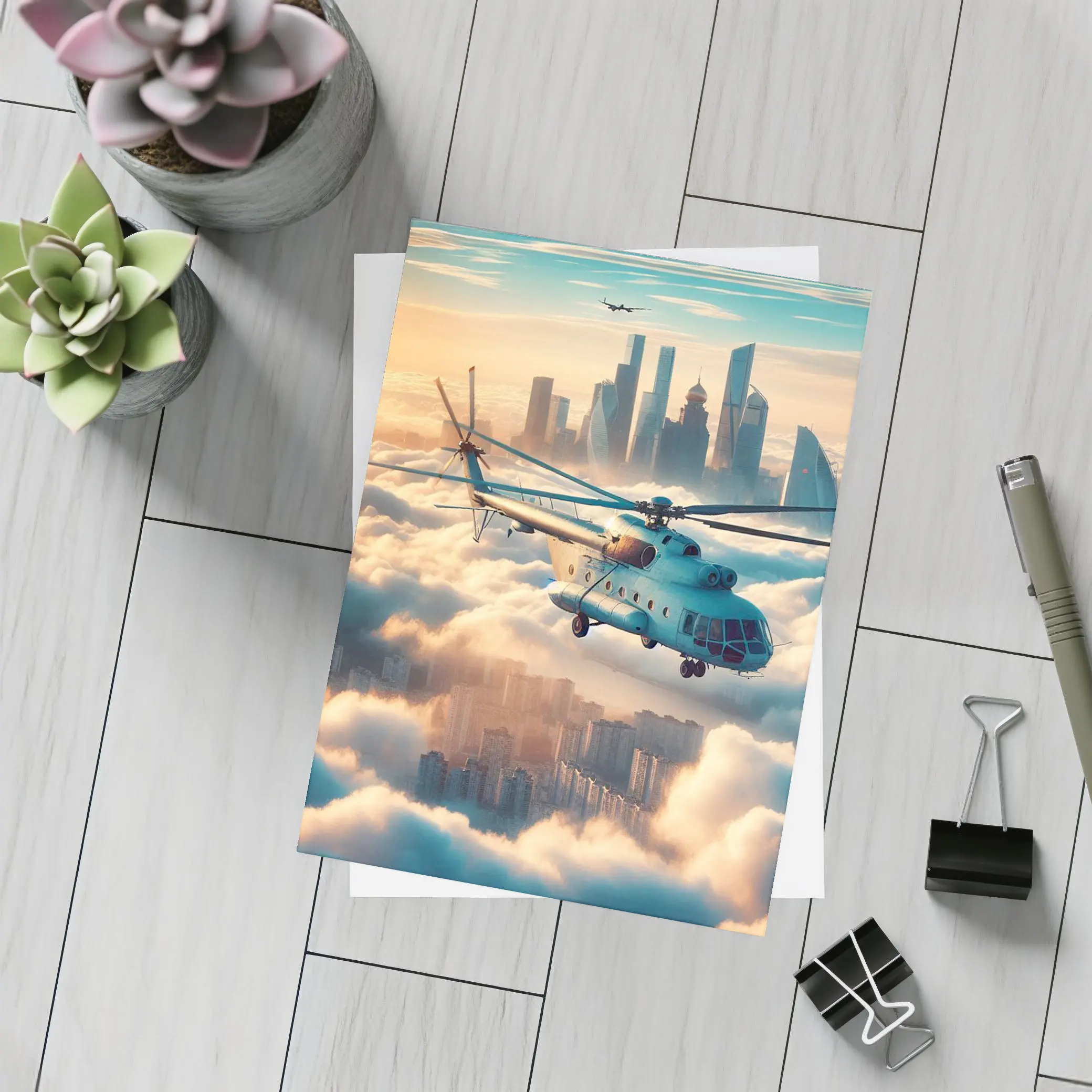 Military Helicopter Flying Above City Clouds – Postcards