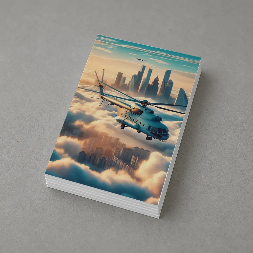 Military Helicopter Flying Above City Clouds – Postcards