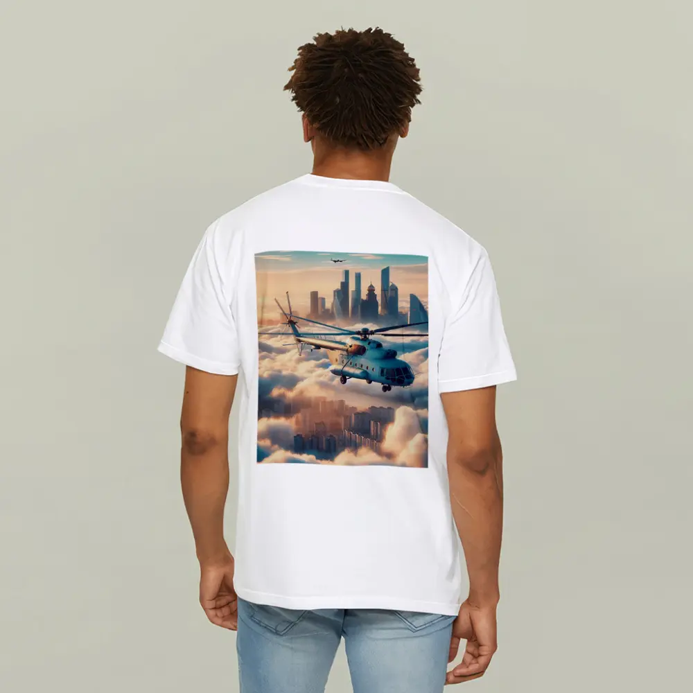 Military Helicopter Flying Above City Clouds – T-Shirts