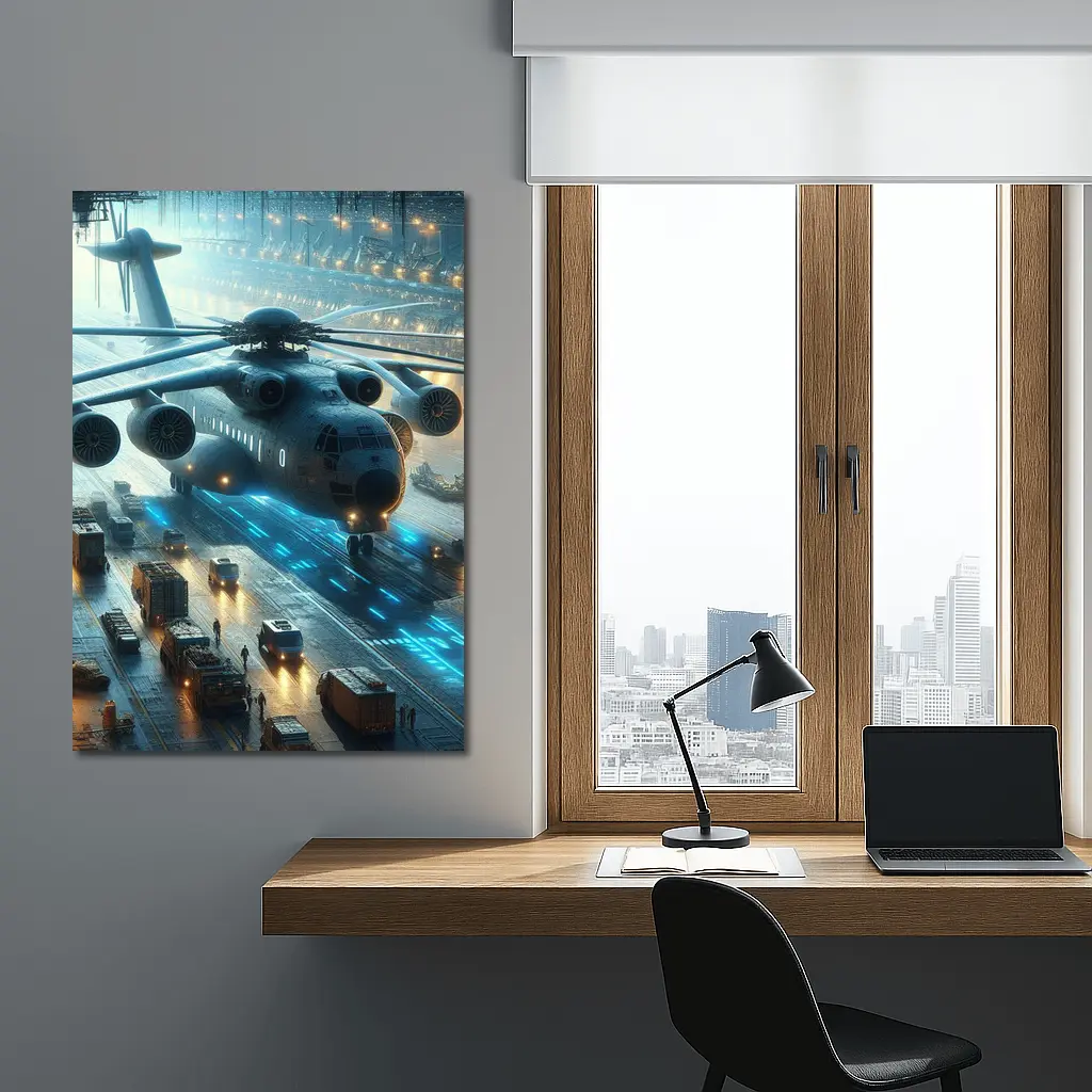 Military Helicopter Futuristic Hangar Blue Lights – Wall Art