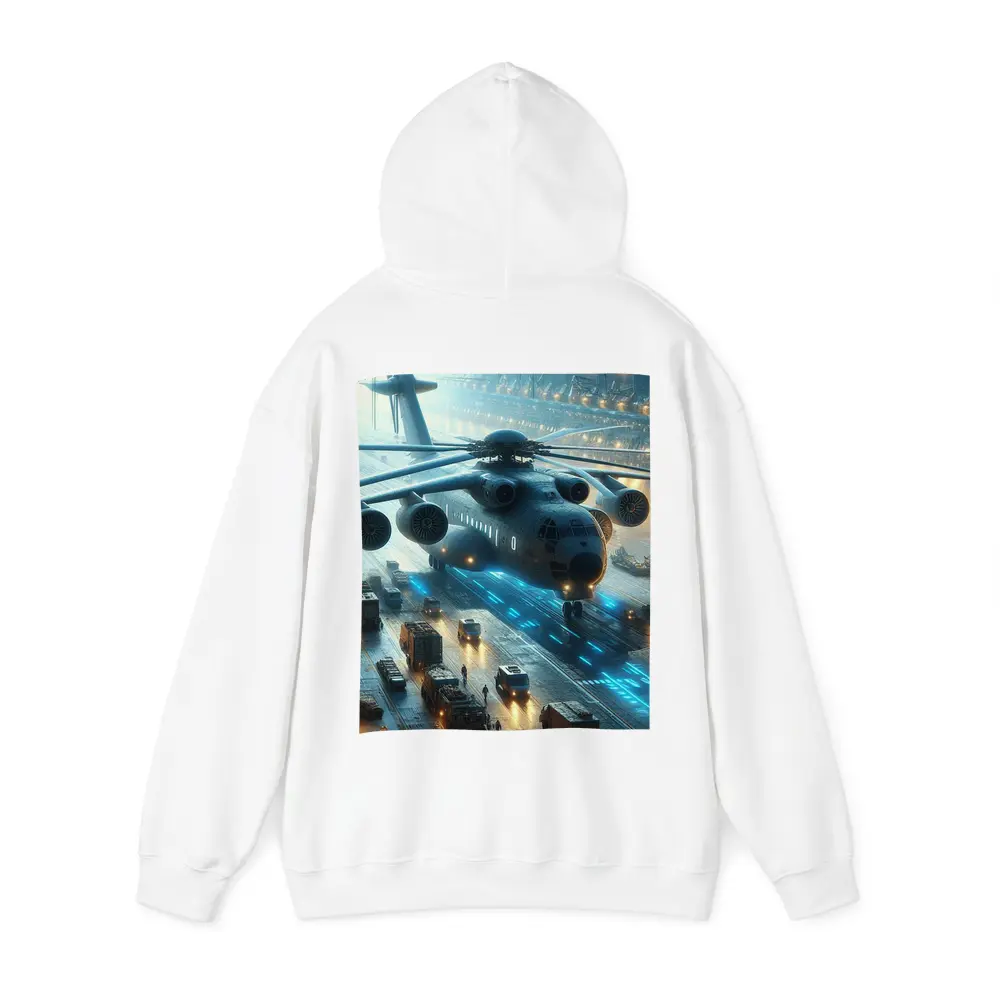 Military Helicopter Futuristic Hangar Blue Lights – Hoodies