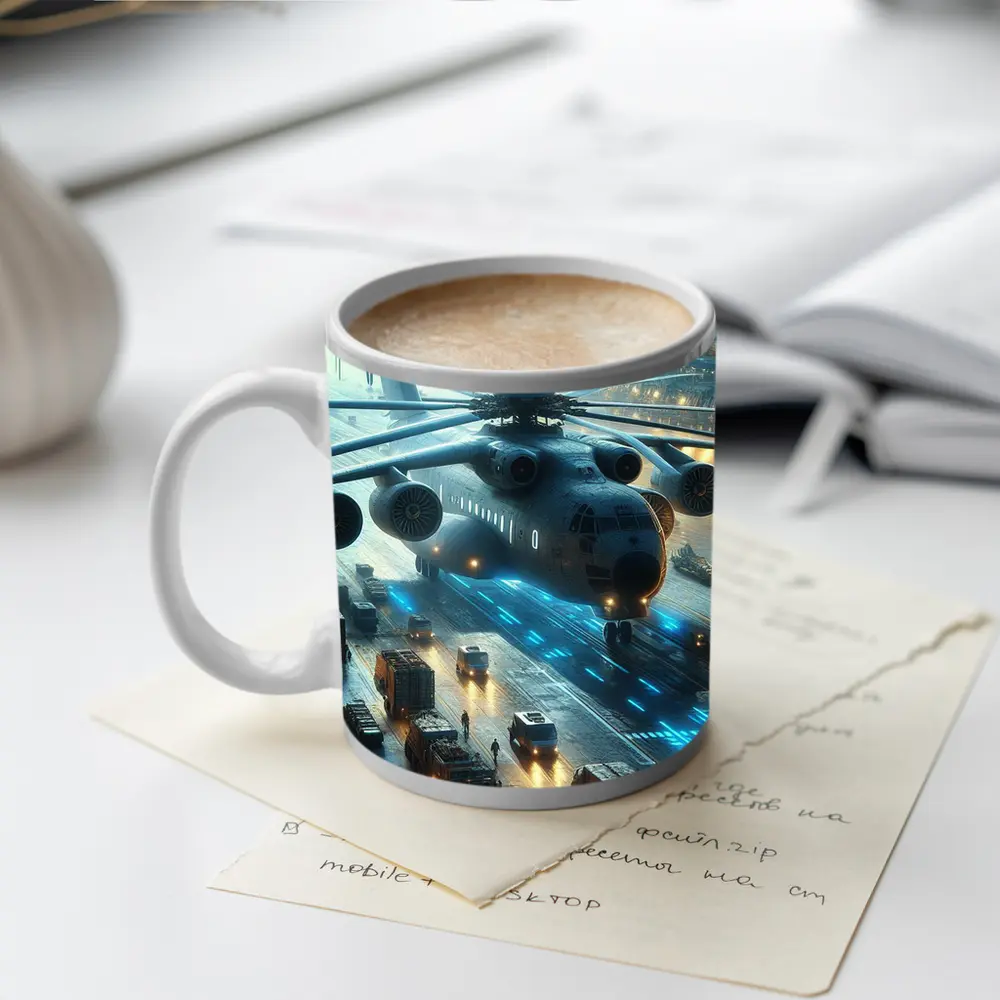 Military Helicopter Futuristic Hangar Blue Lights – Mugs