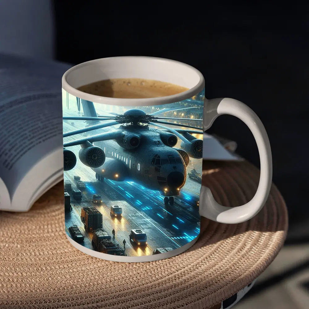 Military Helicopter Futuristic Hangar Blue Lights – Mugs