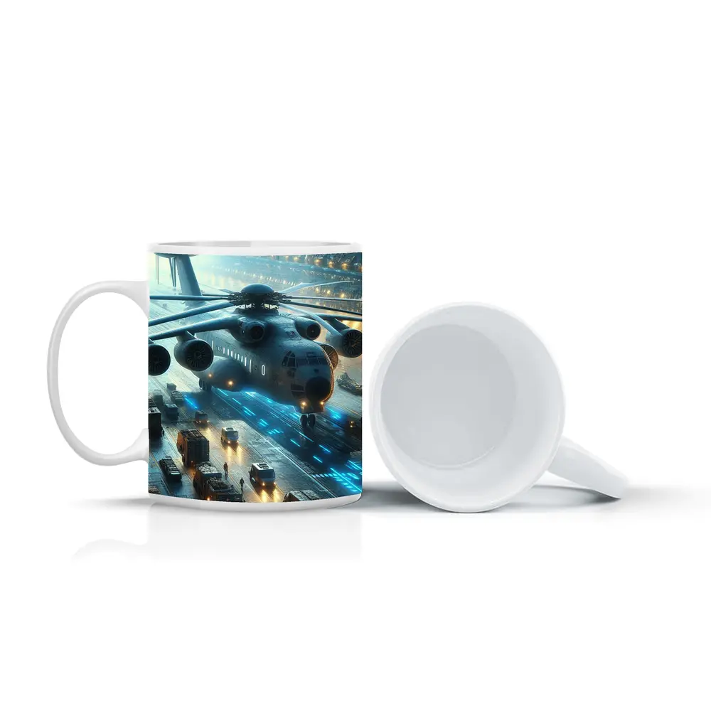 Military Helicopter Futuristic Hangar Blue Lights – Mugs