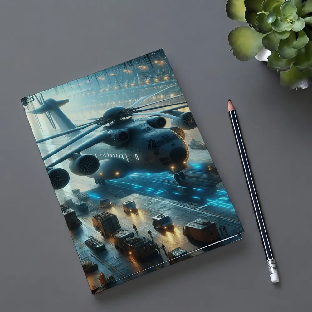 Military Helicopter Futuristic Hangar Blue Lights – Notebooks