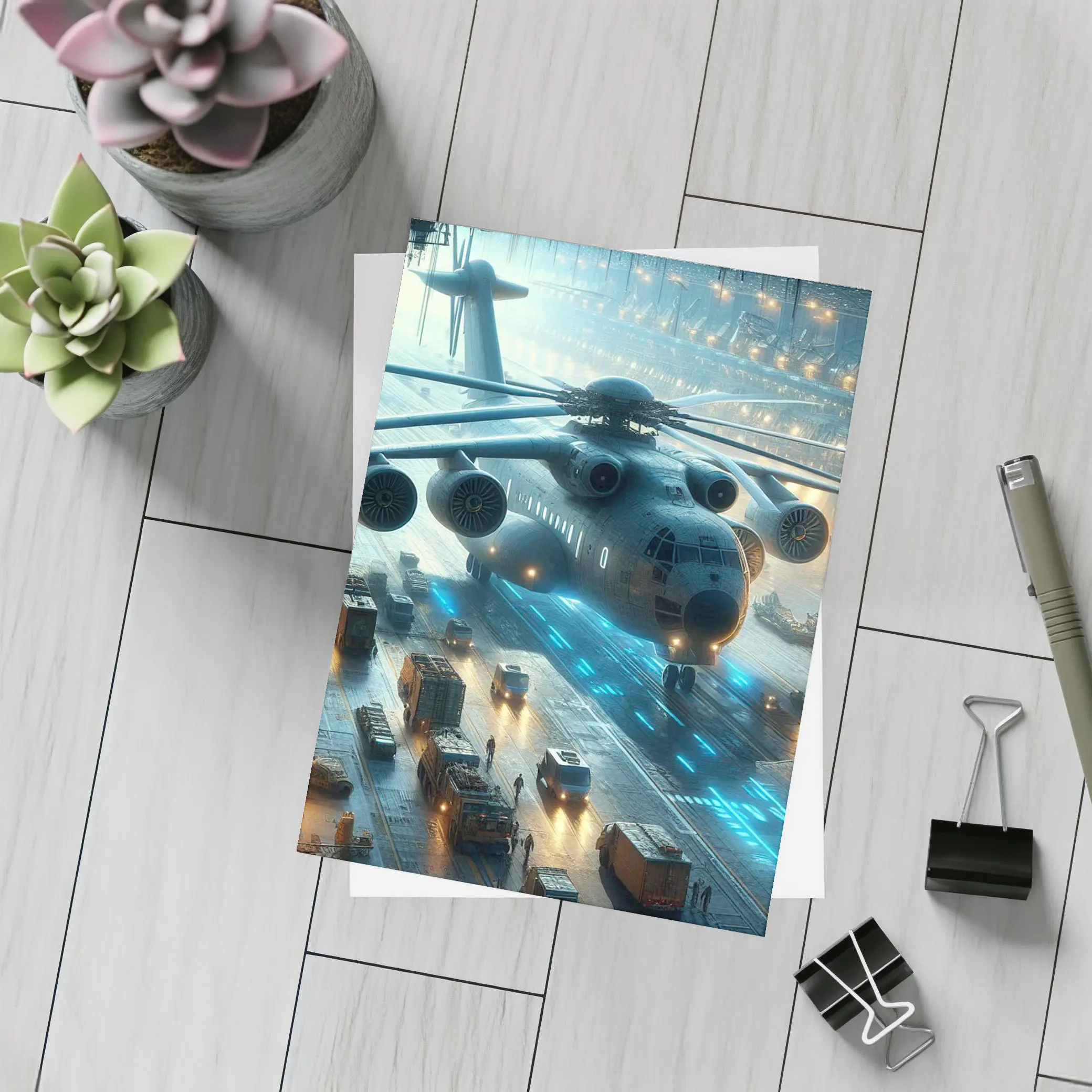Military Helicopter Futuristic Hangar Blue Lights – Postcards
