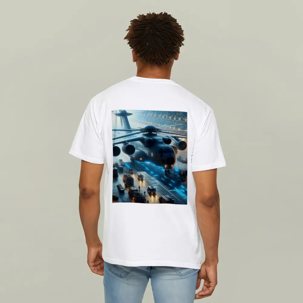 Military Helicopter Futuristic Hangar Blue Lights – T-Shirts