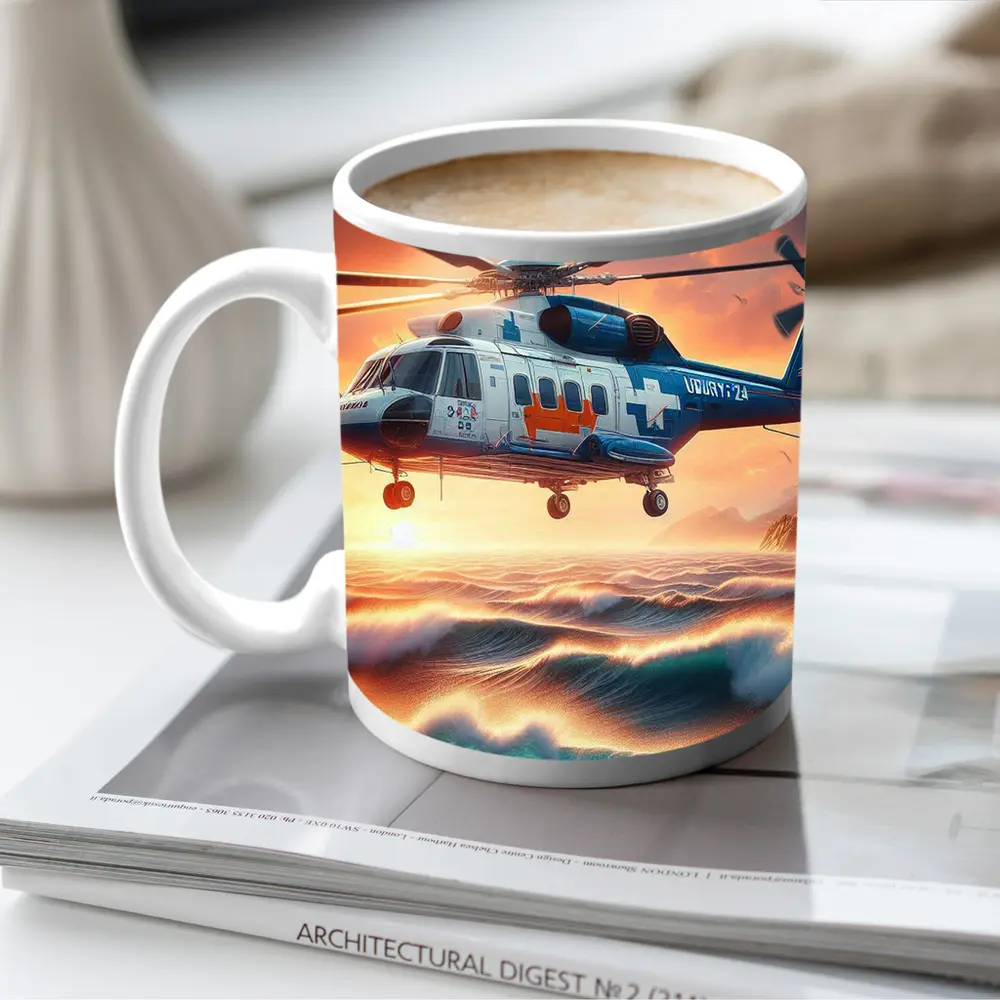Coast Guard Rescue Helicopter Over Ocean Waves – Mugs