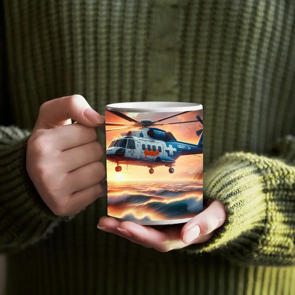 Coast Guard Rescue Helicopter Over Ocean Waves – Mugs