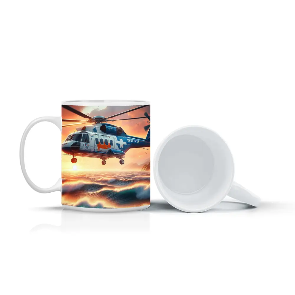 Coast Guard Rescue Helicopter Over Ocean Waves – Mugs