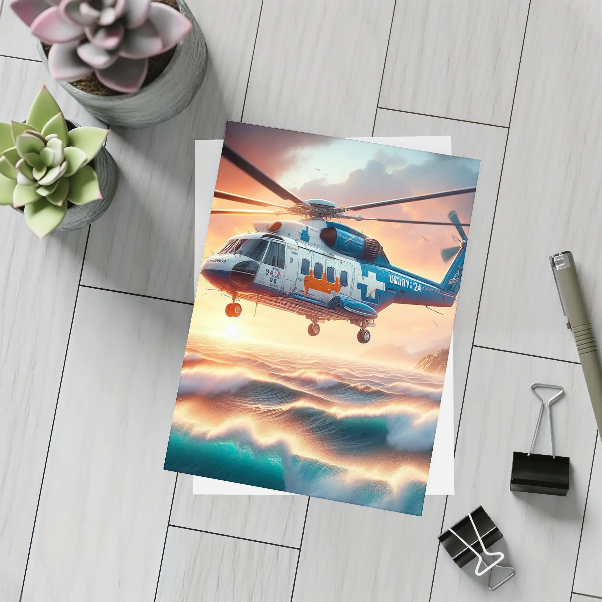 Coast Guard Rescue Helicopter Over Ocean Waves – Postcards