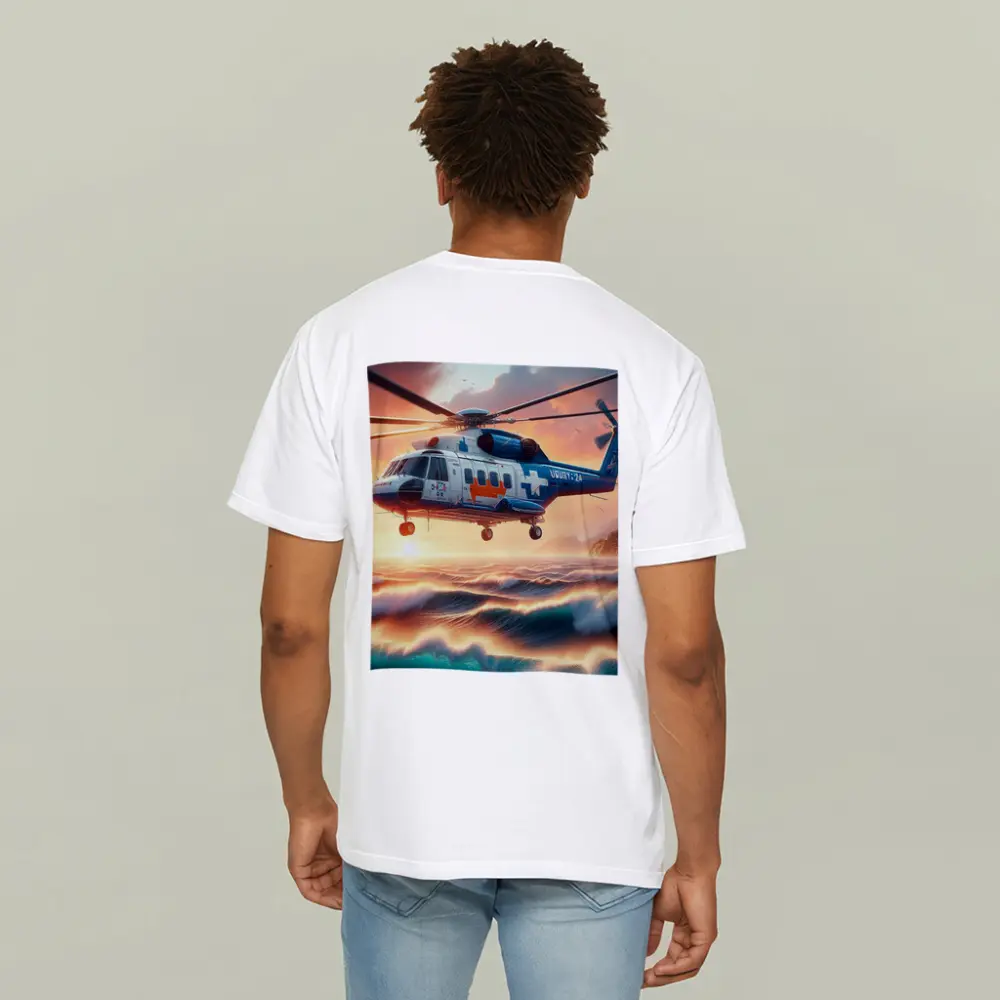 Coast Guard Rescue Helicopter Over Ocean Waves – T-Shirts