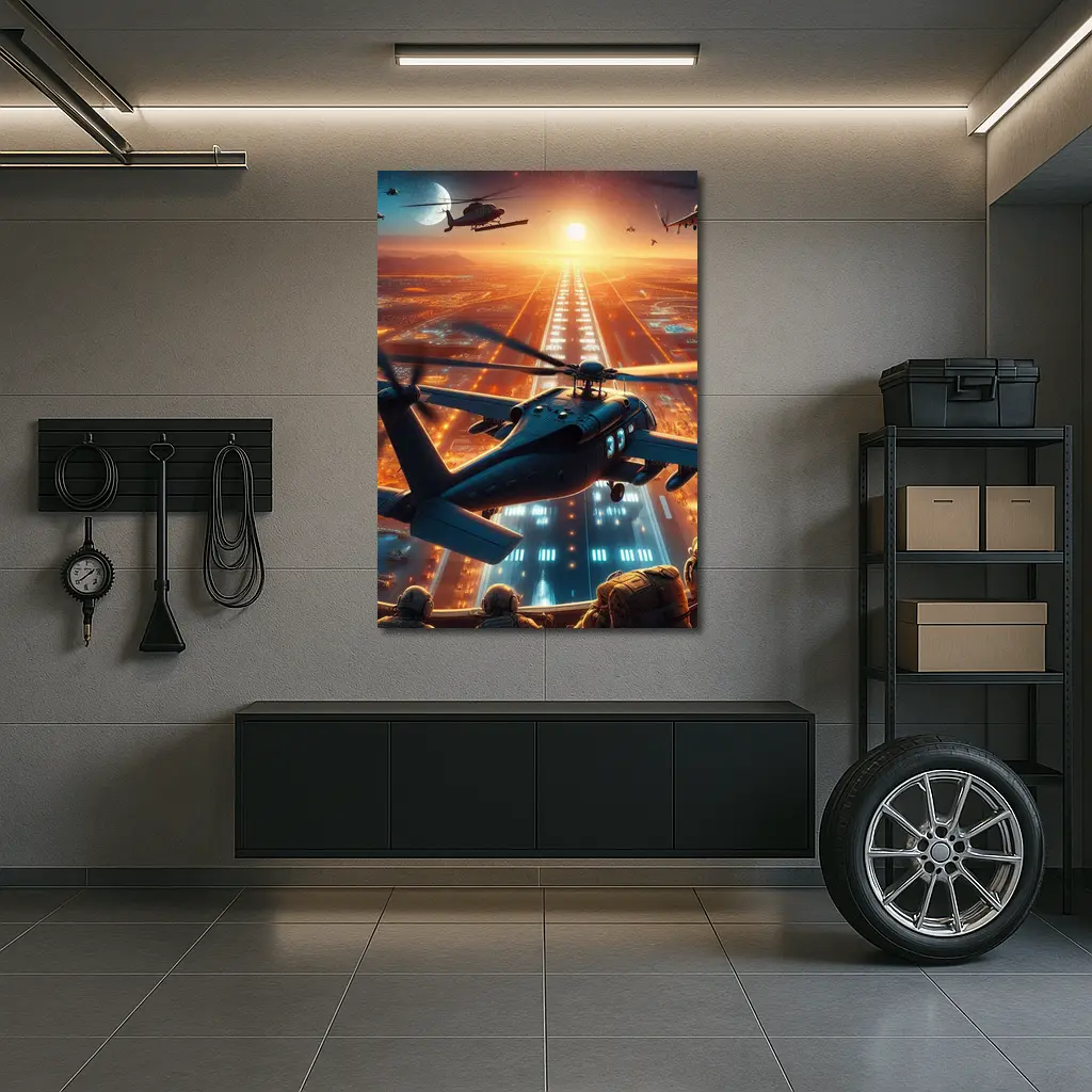Military Helicopters Flying Over Glowing City – Wall Art