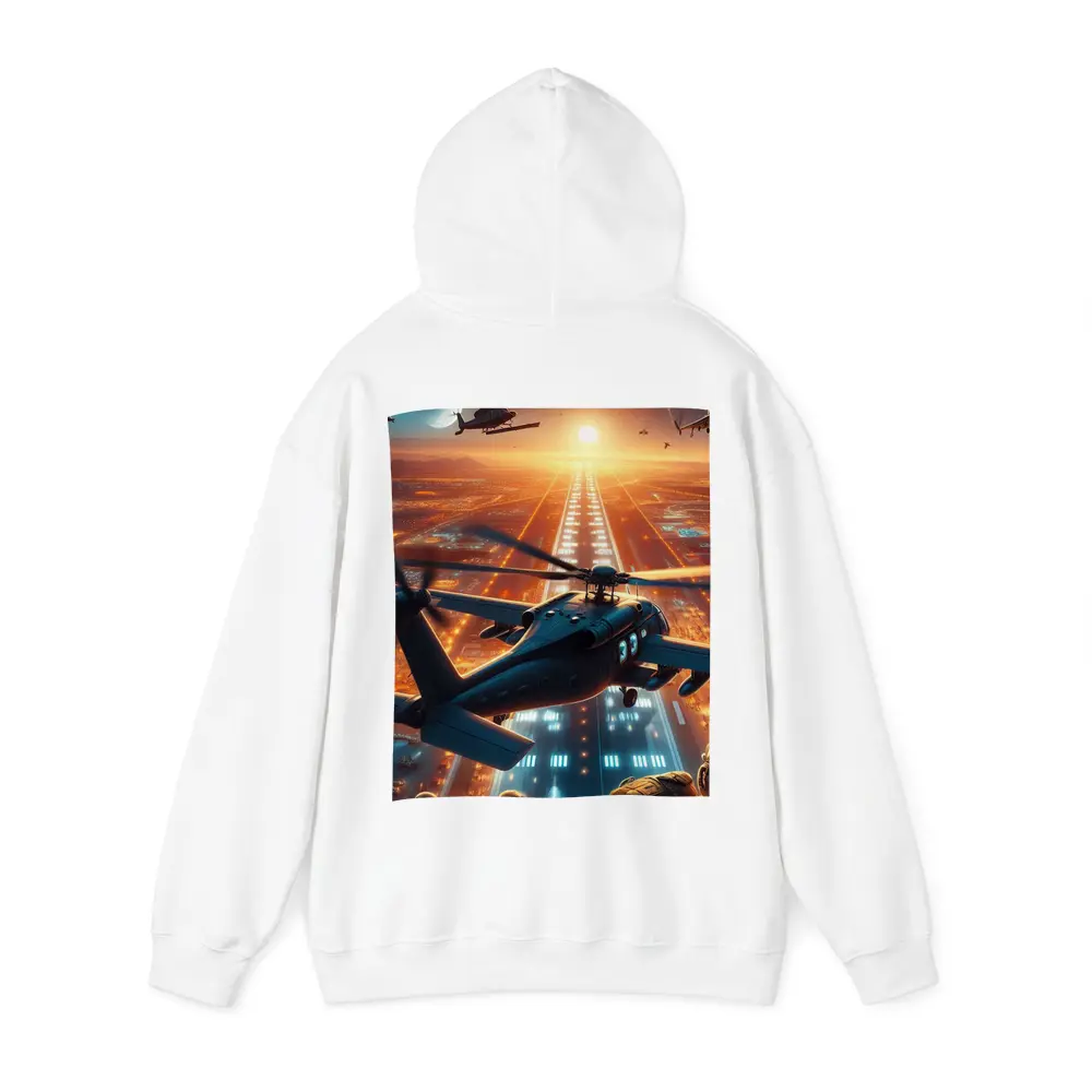 Military Helicopters Flying Over Glowing City – Hoodies
