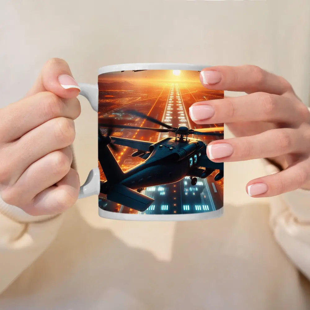 Military Helicopters Flying Over Glowing City – Mugs