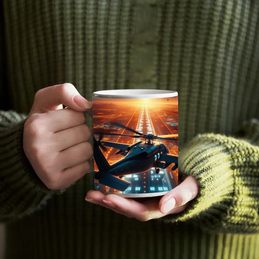 Military Helicopters Flying Over Glowing City – Mugs