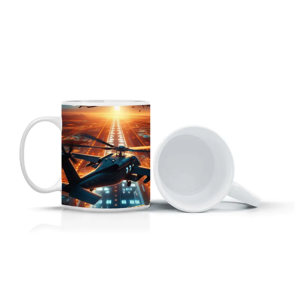 Military Helicopters Flying Over Glowing City – Mugs