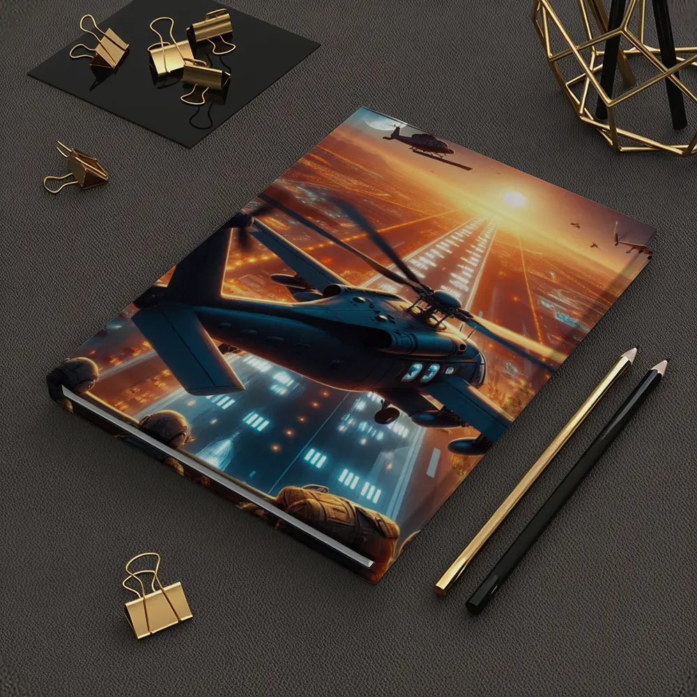 Military Helicopters Flying Over Glowing City – Notebooks